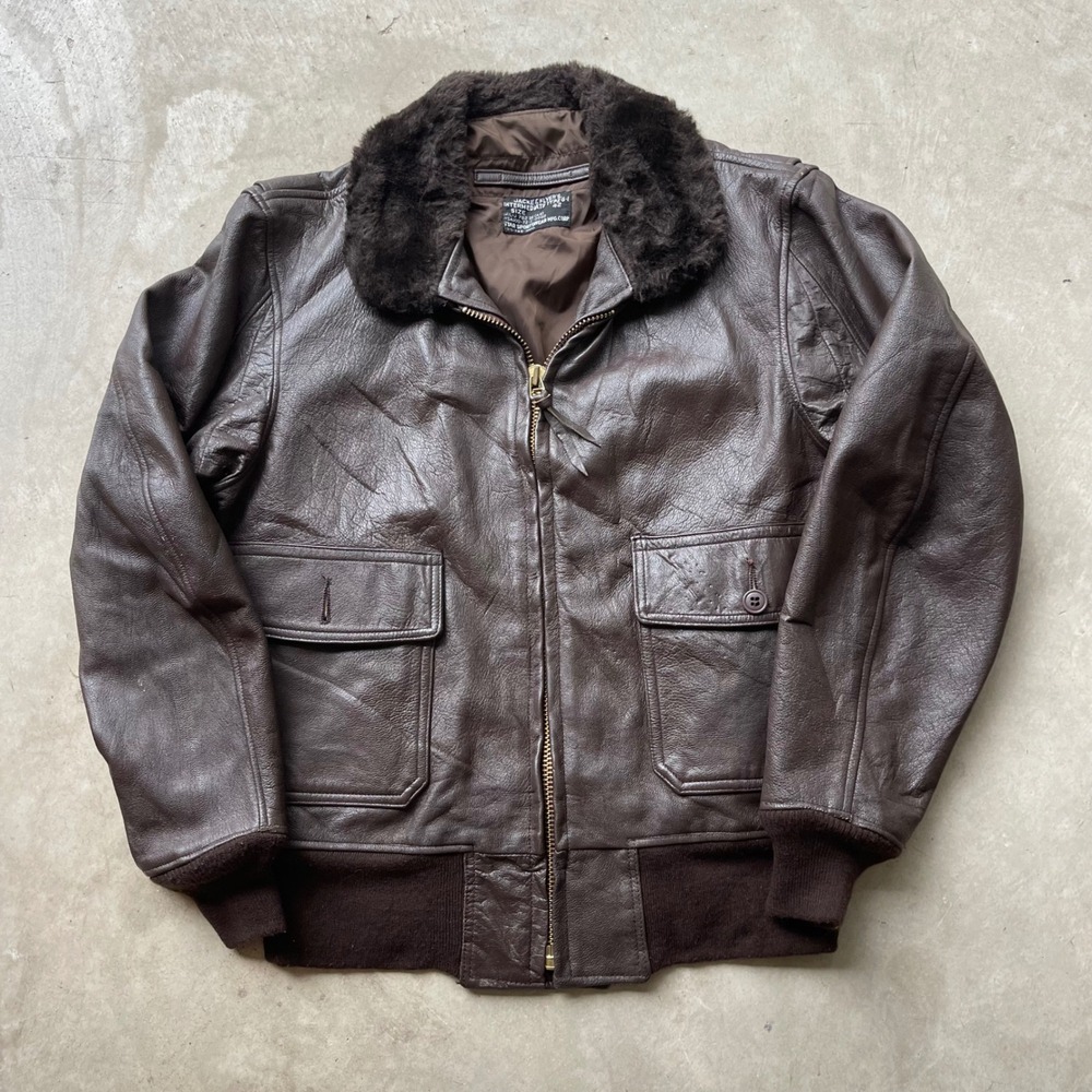 Vintage 70s US Navy G-1 Flight Jacket Brown Leather Star Sportswear 42